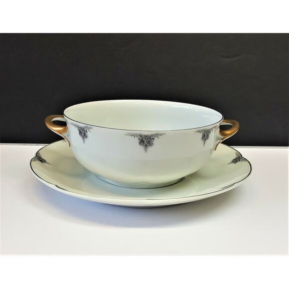Block China Chambord Limoges Cream Soup Bowl w/Underplate Gray/Black on White - Picture 1 of 6